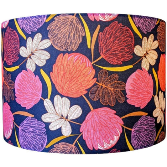 Midnight Protea lampshade with intricate protea flower design on a rich, dark backdrop. Handmade in Australia by Emotive Collection