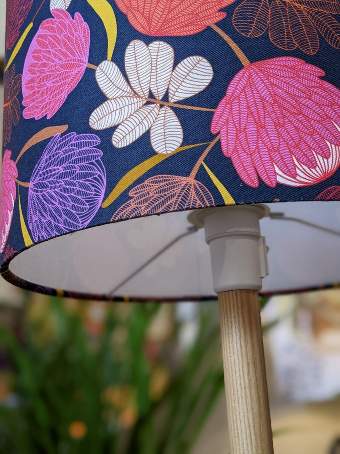 Handcrafted Midnight Protea lampshade, featuring delicate protea flowers on a midnight-toned background. Designed and made in Australia.