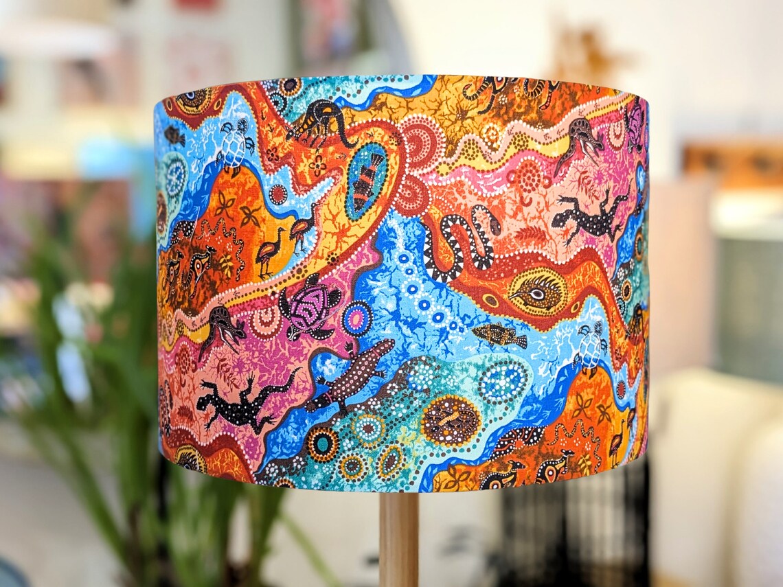Handmade Aboriginal Outback lampshade by Emotive Collection, featuring vibrant Aboriginal artwork inspired by the Australian outback. Crafted in Australia.