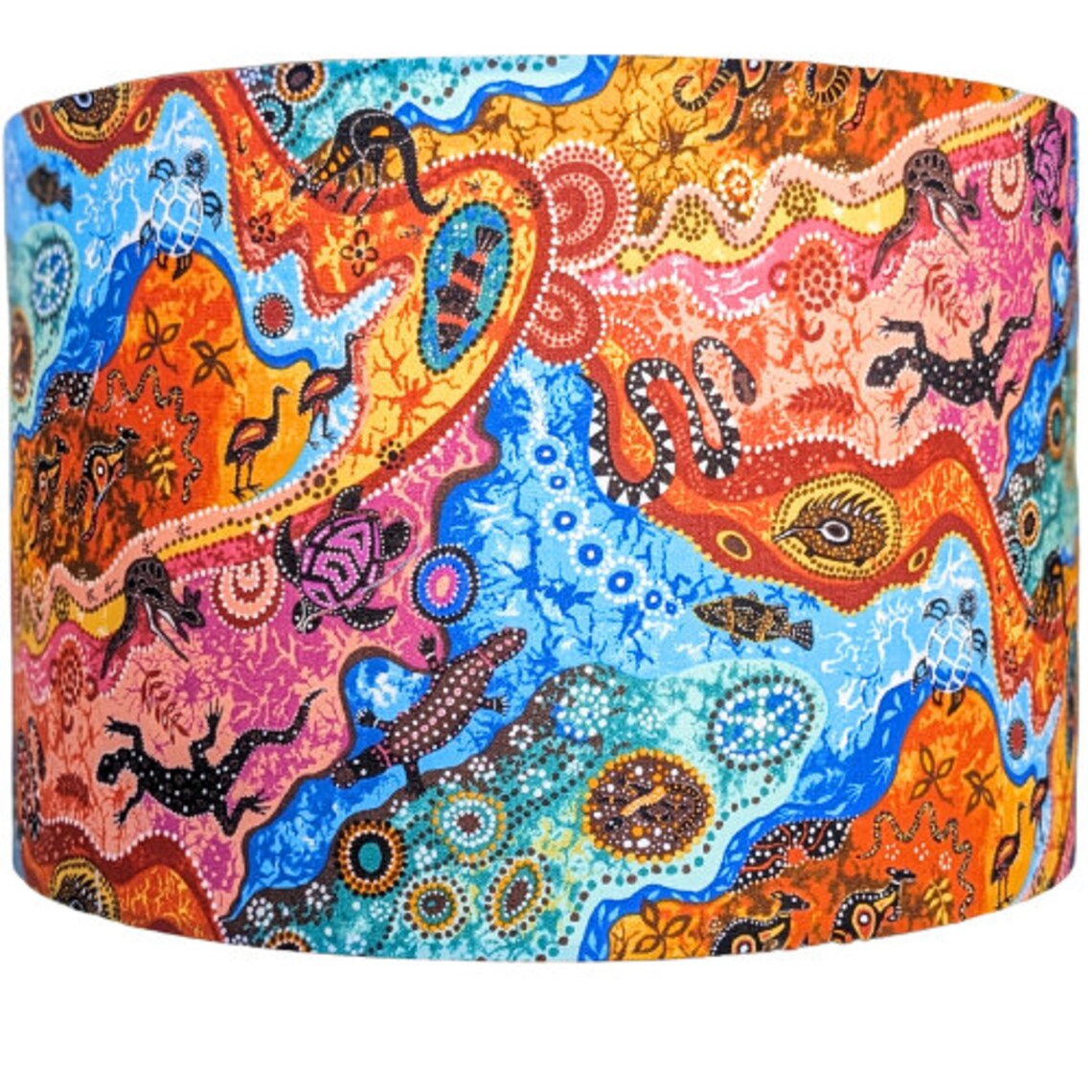 Aboriginal Outback lampshade, showcasing unique Aboriginal designs that reflect the colors and spirit of the Australian outback. Handmade in Australia.
