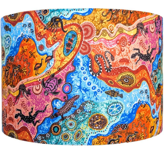 Aboriginal Outback lampshade, showcasing unique Aboriginal designs that reflect the colors and spirit of the Australian outback. Handmade in Australia.