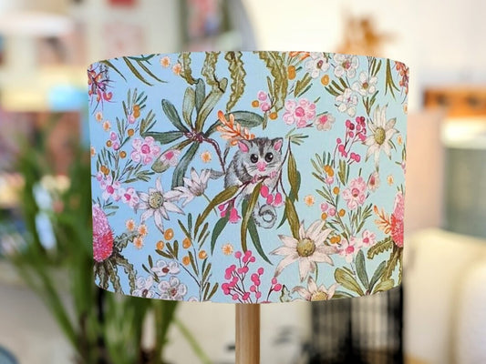 Handmade Blue Possum lampshade by Emotive Collection, featuring a charming possum design on a serene blue background. Crafted with care in Australia.