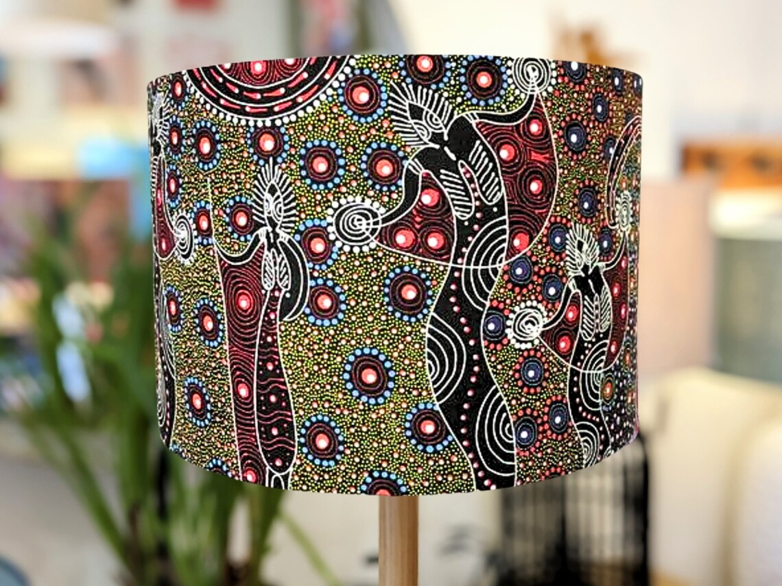 Handmade Red Spirit Aboriginal lampshade by Emotive Collection, featuring vibrant Aboriginal art patterns in bold red tones. Crafted with care in Australia.