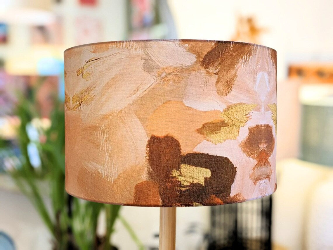 Handmade Peach Abstract lampshade by Emotive Collection, featuring bold geometric patterns in soft peach tones. Crafted in Australia for a modern touch.