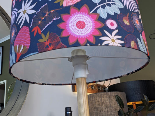 Close up of Banksia Garden lampshade by Emotive Collection, showing the lampshade fitting, featuring a beautiful design by Australian artist Jocelyn Proust, inspired by the vibrant Australian flora. Crafted with care in Australia.