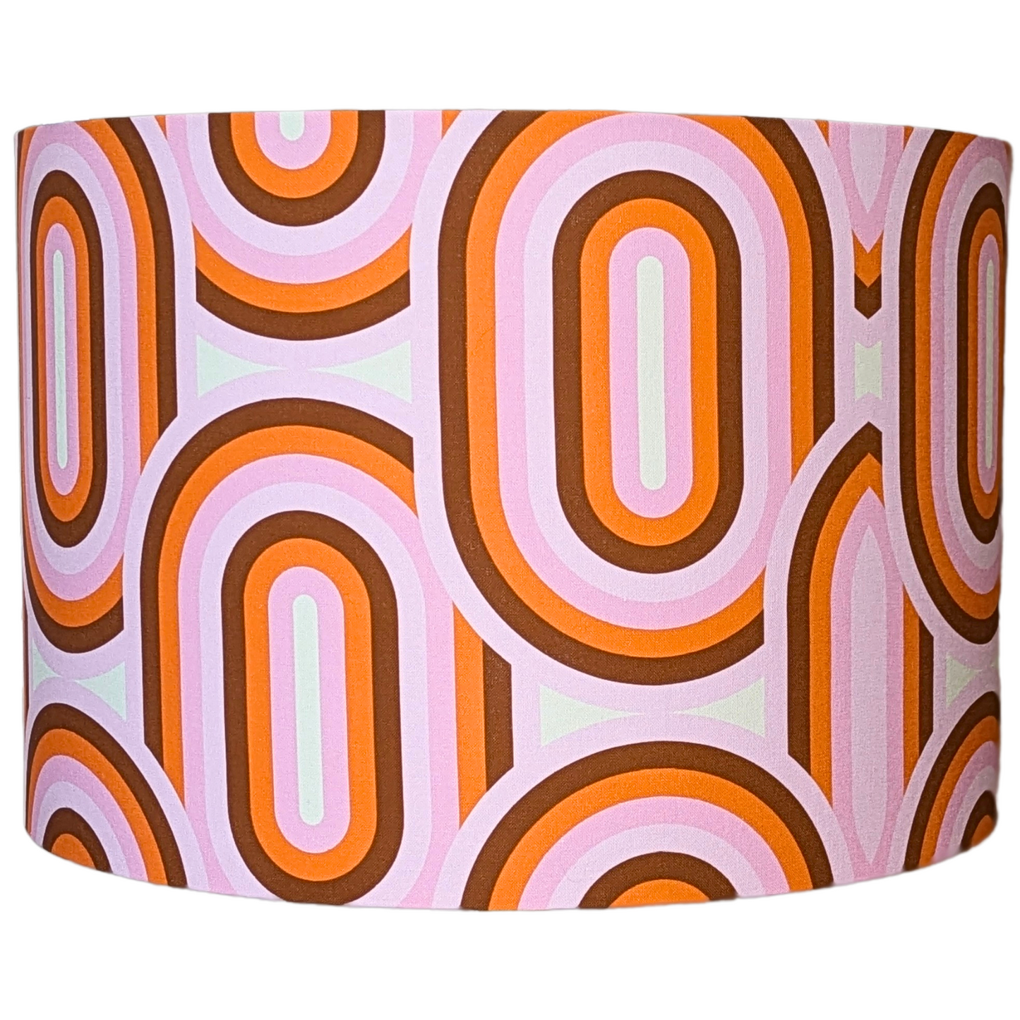 70's retro lampshade with a white background, featuring Pink vintage-inspired patterns in vibrant colors. Crafted with care in Australia.