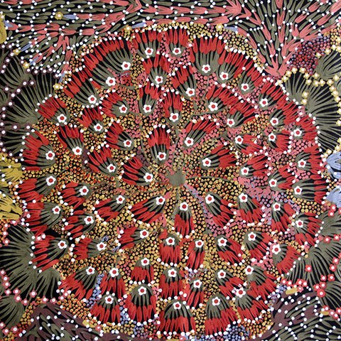 Bush Banana Fabric by Donna Abbots from the Emotive Collection features abstract Indigenous-inspired art with circular red, black, and white patterns, dotted details, and organic earth-toned forms evoking vibrant floral and natural elements.