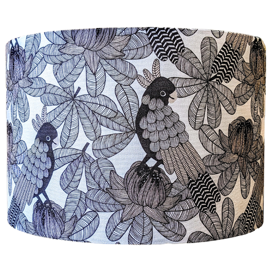  Emotive Collection’s Australian Cockatoo Lampshade showcases a detailed black and white bird and leaf pattern by Australian designer Jocelyn Proust