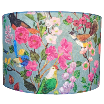 Handmade Birds and Blooms lampshade by Emotive Collection, featuring vibrant bird and floral designs. Created by Australian artist Cecilia Mok, crafted with care in Australia.