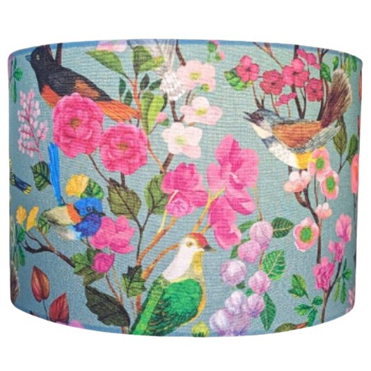 Handmade Birds and Blooms lampshade by Emotive Collection, featuring vibrant bird and floral designs. Created by Australian artist Cecilia Mok, crafted with care in Australia.