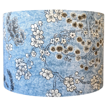 Handmade Japanese Blossom lampshade by Emotive Collection, featuring delicate Japanese blossoms on a calming blue background.
