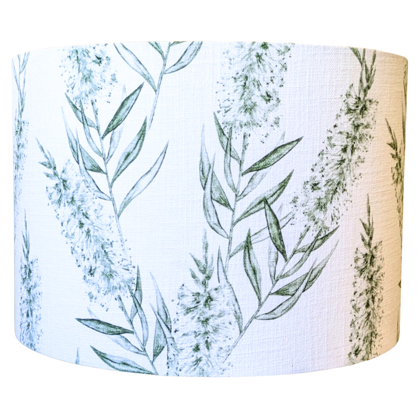 Bottlebrush Green Lampshade from Emotive Collection, handmade with a linen blend fabric with a green leafy botanical pattern on White