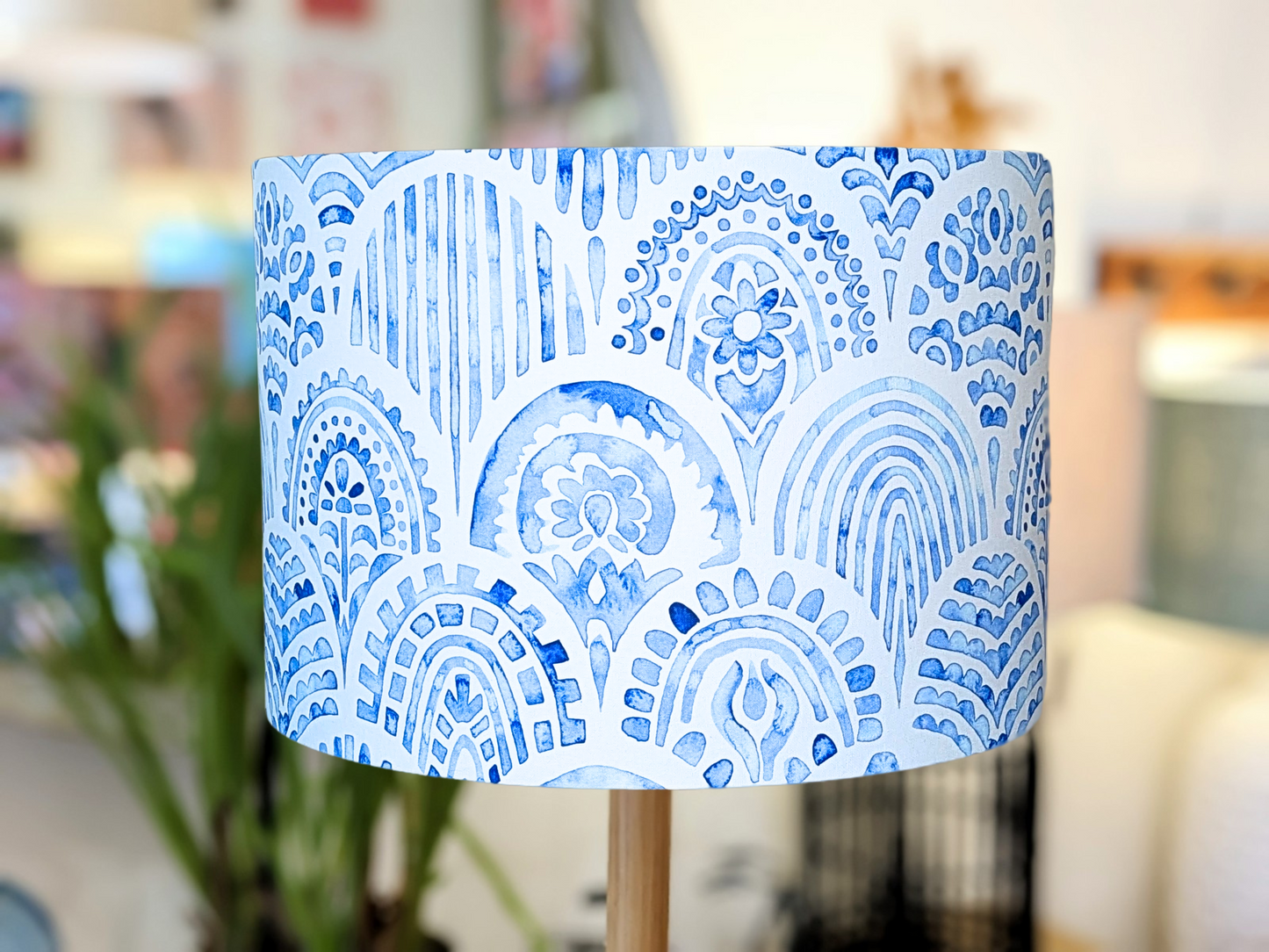 Handmade Blue & White Hamptons lampshade by Emotive Collection, featuring coastal-inspired patterns in soothing blue and white tones. Crafted with care in Australia.