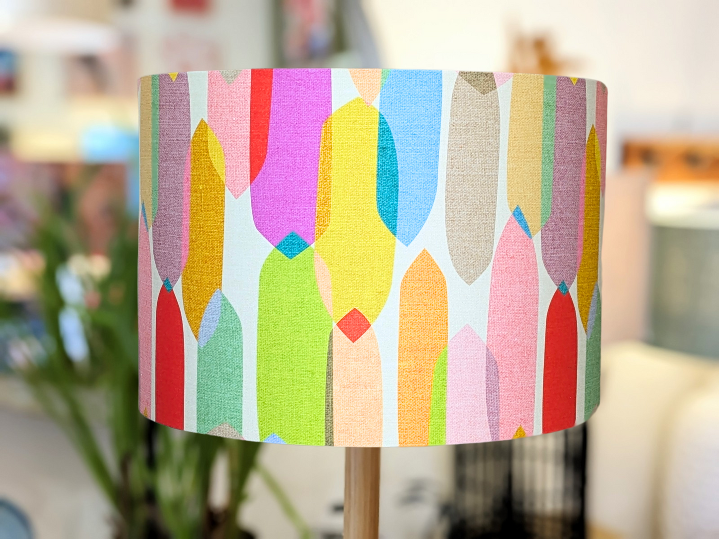 Handmade Multi-Colour Mid-Century lampshade by Emotive Collection, featuring a vibrant design by Australian artist Cecilia Mok. Crafted with care in Australia.