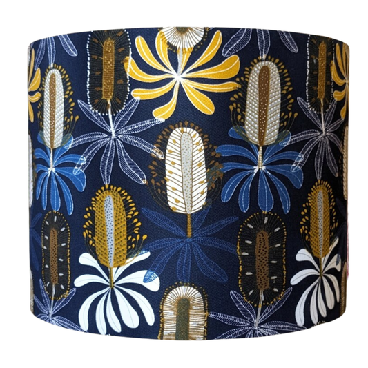 Handmade Midnight Banksia lampshade by Emotive Collection, featuring a striking design by Australian artist Jocelyn Proust. 