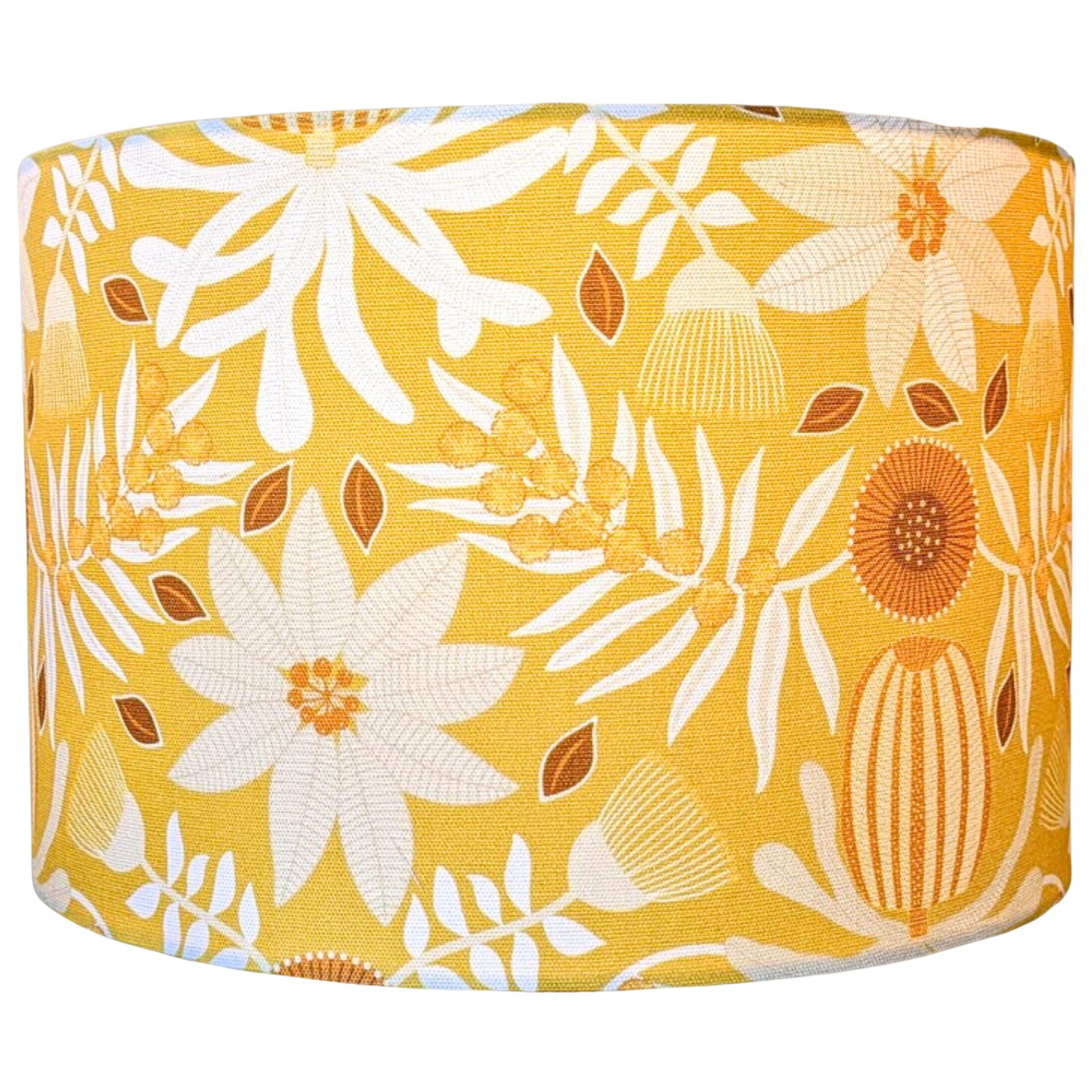 Emotive Collection’s Native Flora Mustard Lampshade, featuring white and Orange floral and leaf patterns on a Mustard background by Jocelyn Proust.