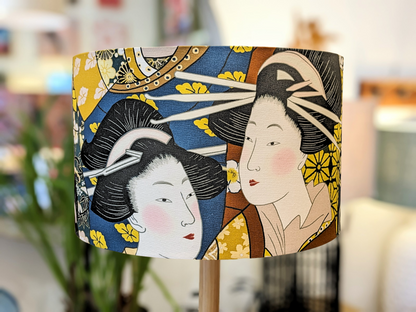 Handmade Tokyo Geisha lampshade by Emotive Collection, featuring multiple Geishas in intricate, cultural designs. Crafted with precision in Australia for a unique lighting statement.